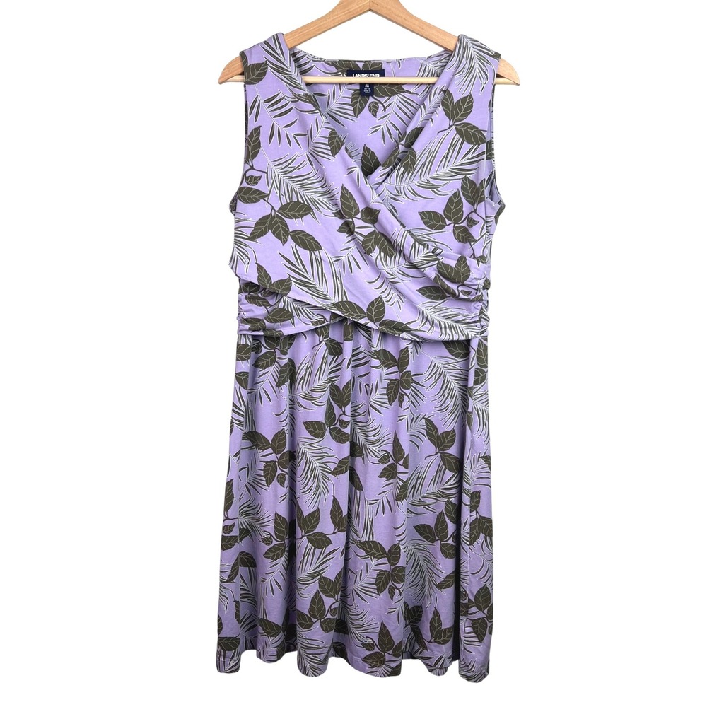 Lands End Women's Medium (10-12) Purple Tropical Leaf Faux Wrap Dress Sleeveless